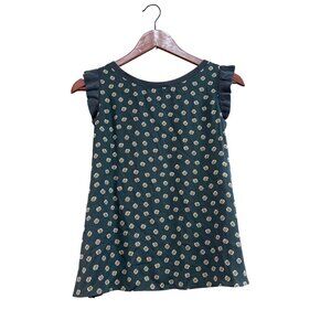 Loft Womens Floral Print Sleeveless Top With Ruffled Shoulders Green SP
